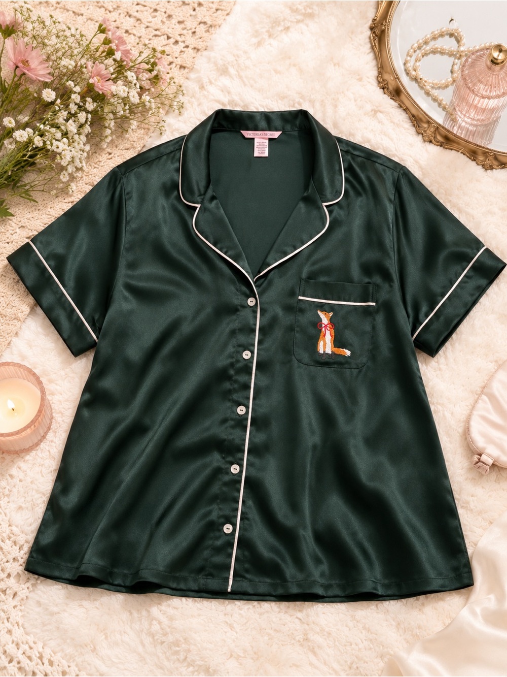 Victoria's Secret Green Satin Top with Fox Embroidery | Size XL | Cottagecore